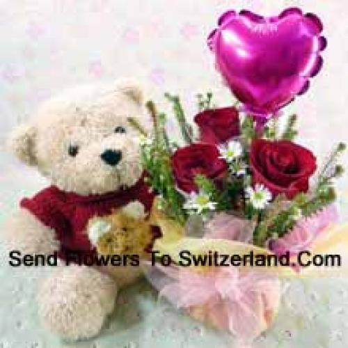 3 Red Roses with Balloon and Charming Teddy