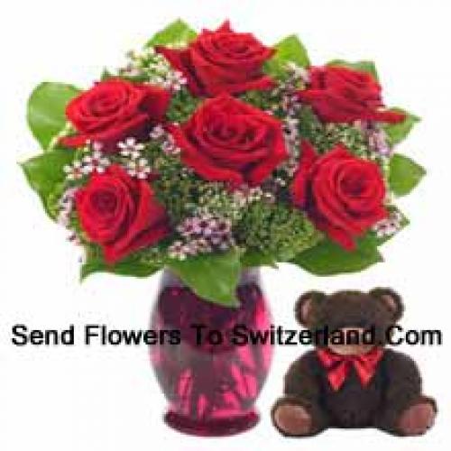 7 Red Roses with Cute 14 Inch Teddy