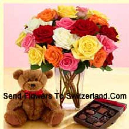 25 Mixed Roses with Cute Teddy and Chocolates