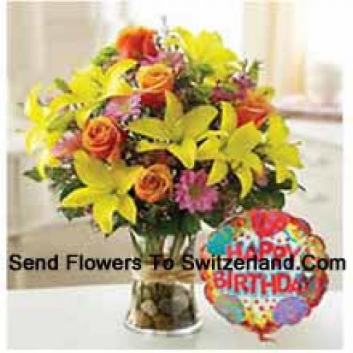 Beautiful Assorted Flowers with Birthday Balloon