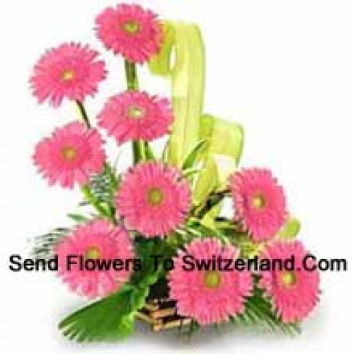 Basket Containing 9 Pink Gerberas