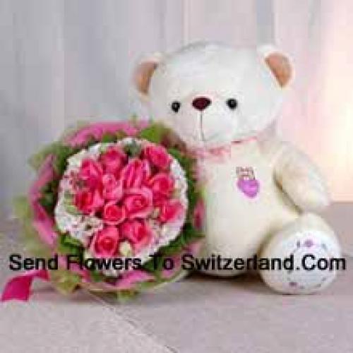 11 Pink Roses with Sweet Lovely Teddy