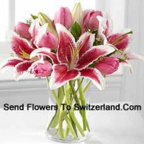 Pink Lilies and Tulips in Vase