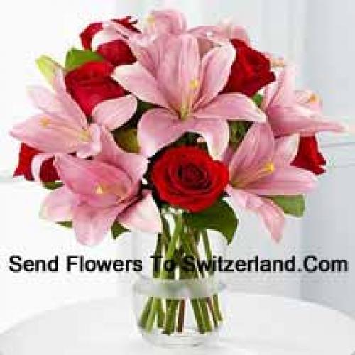 Pink Lilies and Cute Red Roses