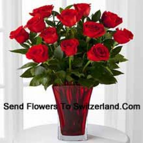 11 Hot Red Roses in Vase